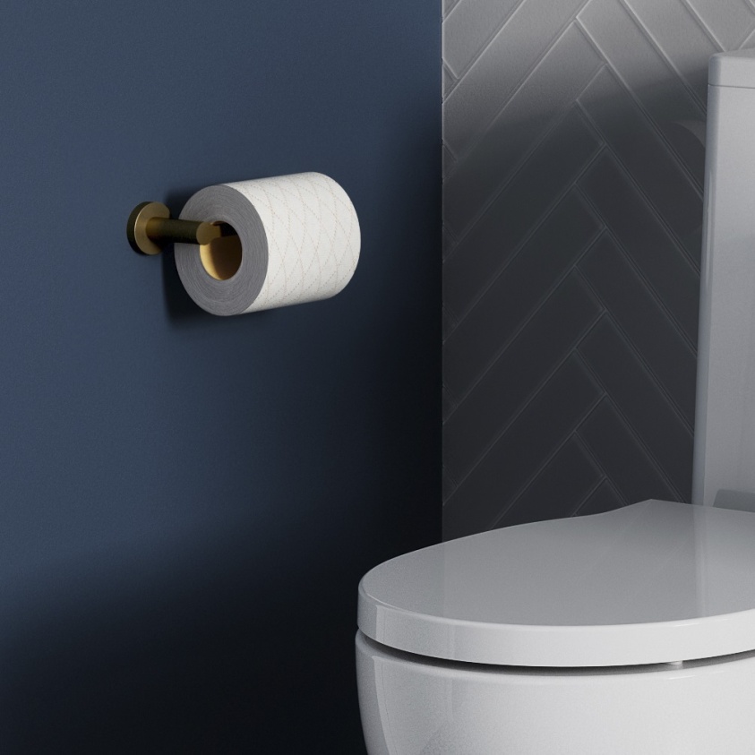 Product lifestyle image of Britton Hoxton 2.0 Toilet Roll Holder side angle in dark blue bathroom HOX029F